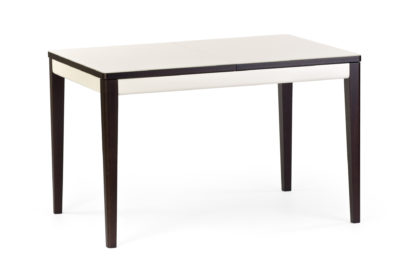 Раскладной кухонный стол "Фишер" - прямоугольный бежевая стеклянная столешница, черные ножки и царга