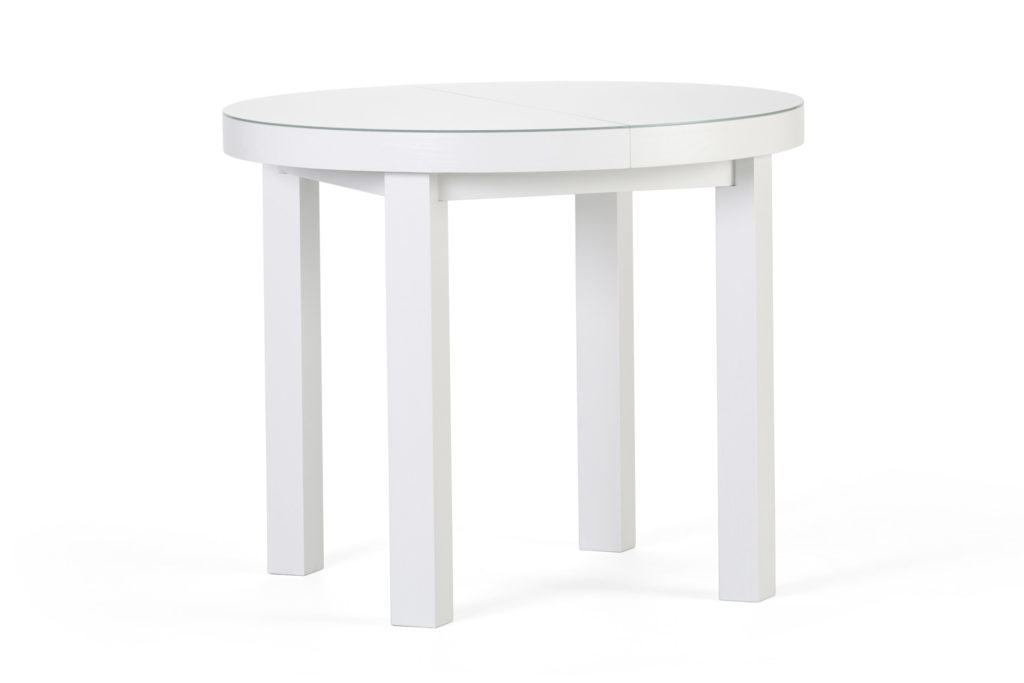Круглый кухонный стол белого цвета, со стеклянным покрытием столешницы, квадратными ножками и возможностью раскладки