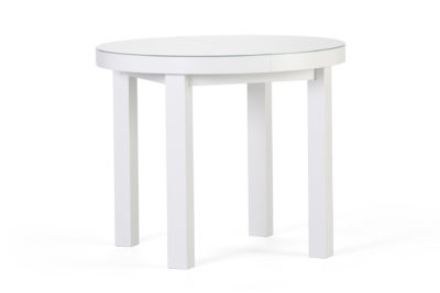Круглый кухонный стол белого цвета, со стеклянным покрытием столешницы, квадратными ножками и возможностью раскладки