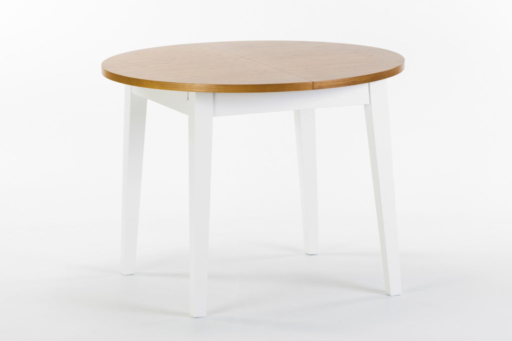 Круглый кухонный стол "Монтерей" - раскладная столешница покрыта шпоном ясеня, тонирована, цвет SE-7005. Ножки и царга из твердого дерева, покрыты белой эмалью, цвет RAL 9003