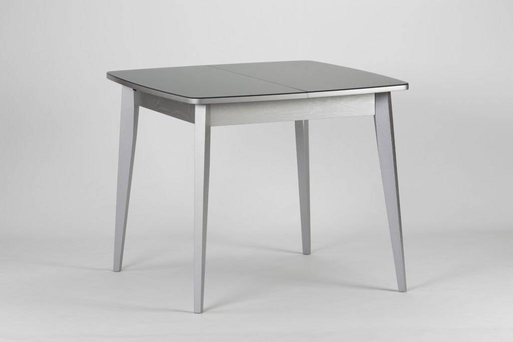 Розкладний стіл "Турін радіусний" зі склянною сірою стільницею. Колір столу RAL9006, скло 9006 • OLEKSENKO Столи та Стільці •